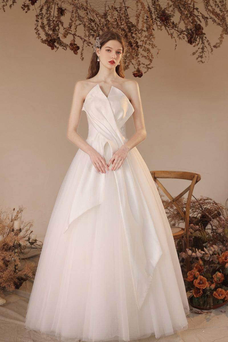 A-Line Floor Length Satin Tulle Wedding Dress 770225824782 - COCOMELODY